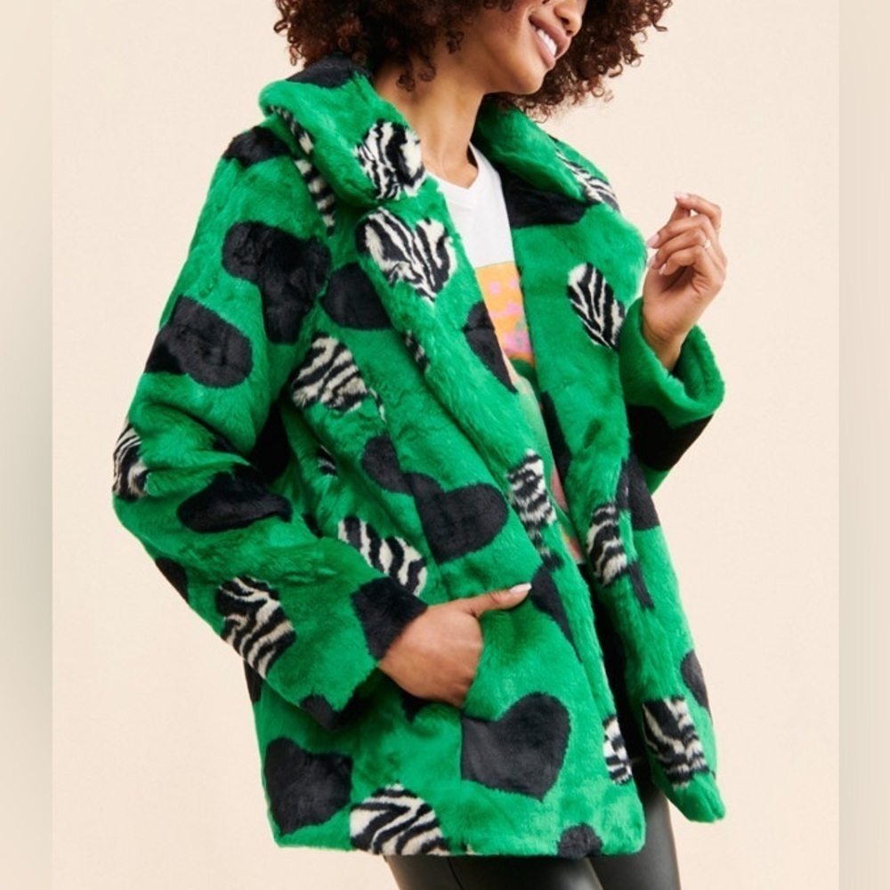 Anthropologie Maeve Green and Black Heart Faux Fur Jacket sz M